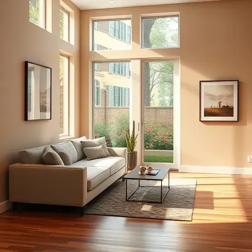 Freshly painted neutral wall in a modern Tuckahoe living room with natural light, stylish decor, hardwood floors, and lush garden view.