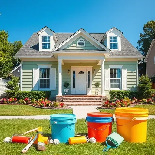 Freshly painted suburban home in Sandston VA showcasing charming colors, paint supplies, and lush green landscaping.