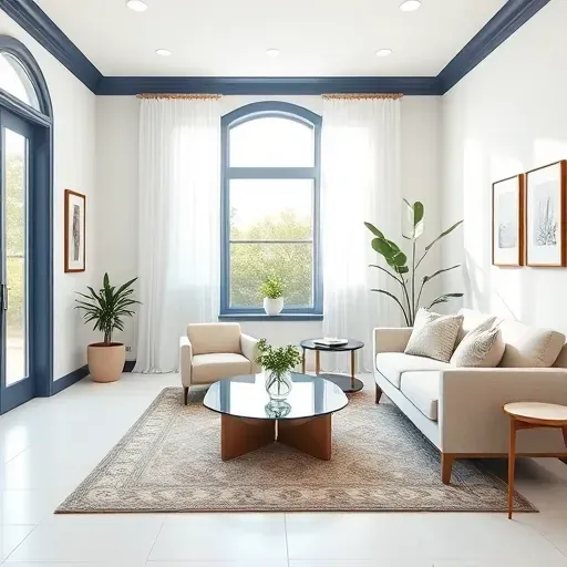 Freshly painted living room in Bensley, VA with white walls, navy blue trim, modern furniture, natural light, and stylish decor.