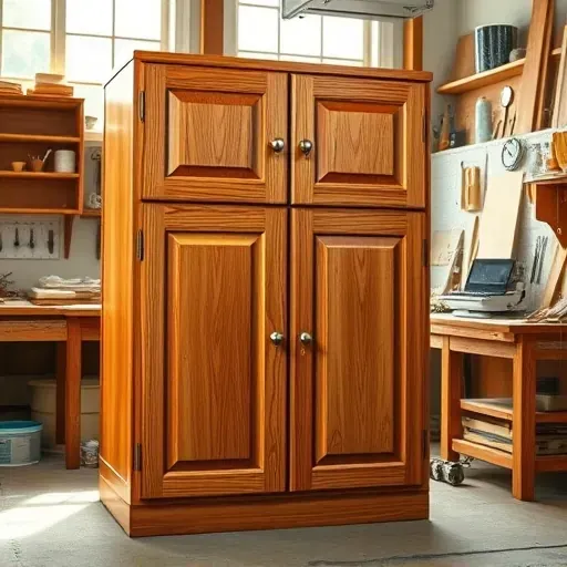 Finished wooden cabinet with detailed craftsmanship in a well-lit Richmond workshop showing smooth surface and polished wood