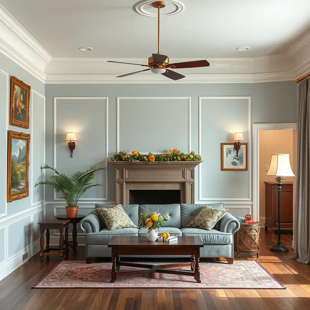 Interior painting scene in Quinton, VA, showing skilled workers painting walls of a modern living room with tools and paint cans.