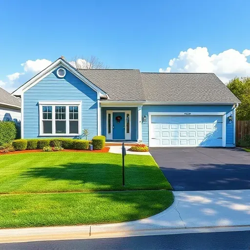 Showcase of a recently painted light blue home in Petersburg VA with white trim, vibrant flowers, and clear blue sky.