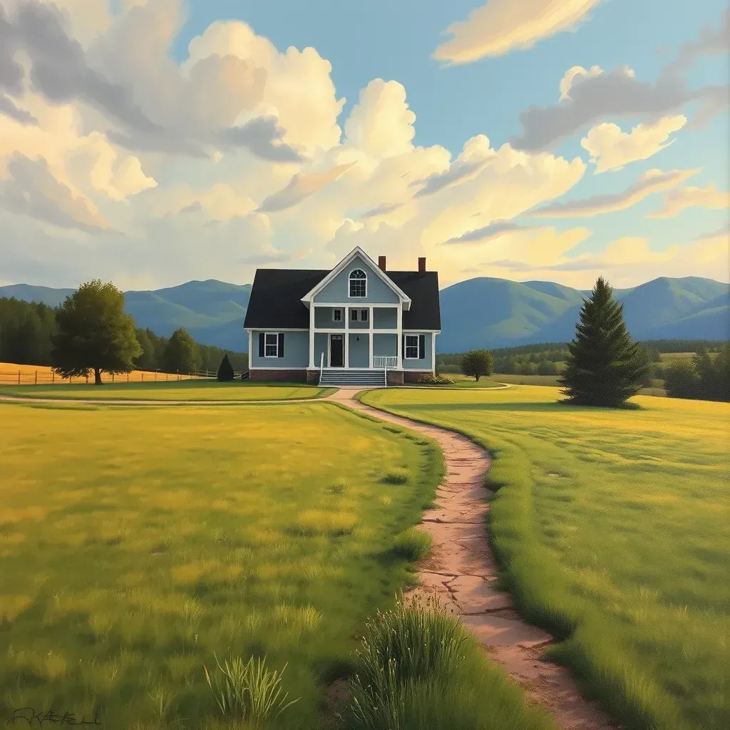 Serene scene in Montrose, VA featuring a detailed painting on an easel, surrounded by lush trees, rustic fencing, and distant hills.