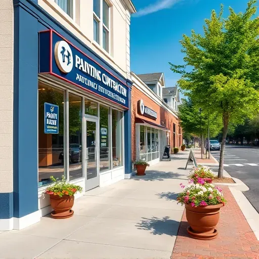 Midlothian VA painting contractor’s storefront with painted façade, signage, windows, flower beds, trees, and bright sky.