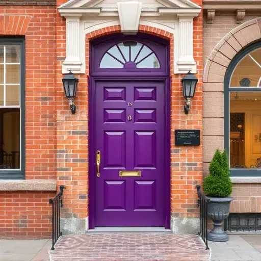 Freshly painted vibrant door with intricate details on classic brick building in Richmond VA, showcasing craftsmanship and elegance