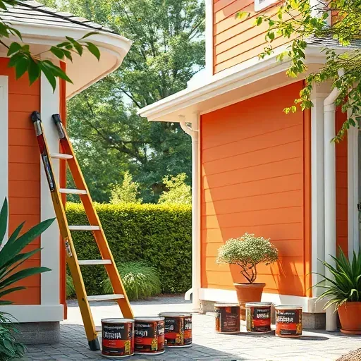 Well-organized exterior painting workspace in Manakin Sabot, VA, showcasing vibrant painted walls, tools, and lush greenery.
