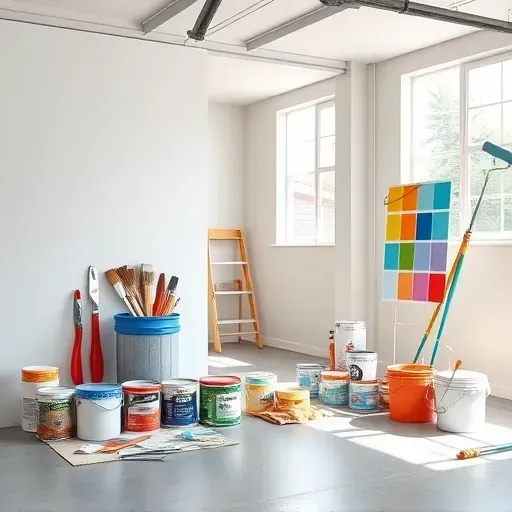 Well-organized painting supplies station in a bright, clean workshop with fresh paint samples and neatly painted walls in Varina, VA.