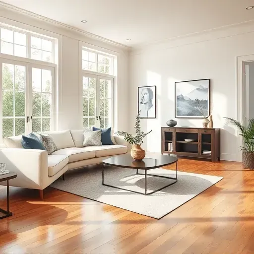 Renovated Highland Springs VA living room with neutral painted walls, polished baseboards, modern decor, and natural light focus