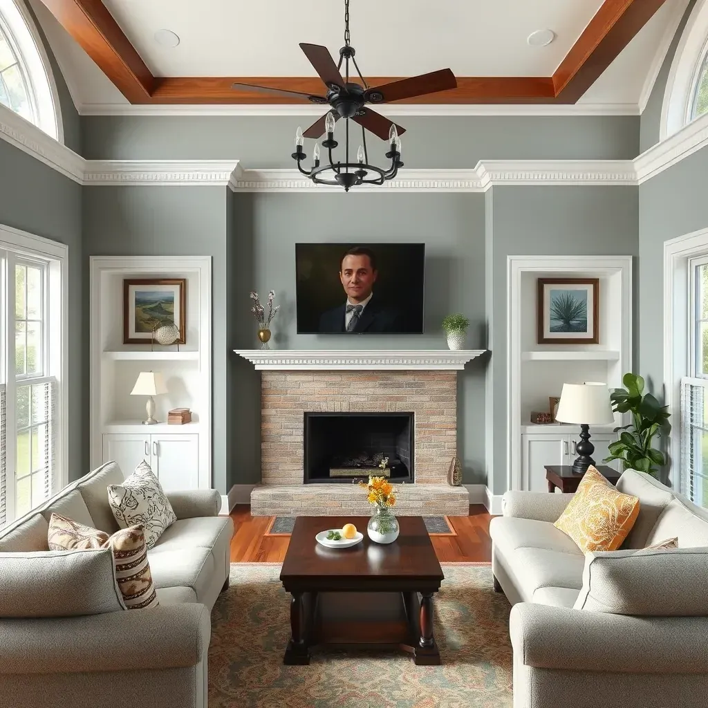 Spacious Rockwood, VA living room with freshly painted pale gray walls, white trim, hardwood floors, and painting tools.