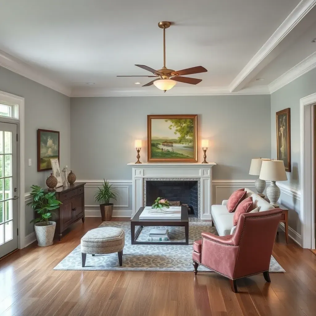 Interior living room in Goochland, VA with freshly painted taupe walls, rustic ceiling beams, natural light, and cozy decor.
