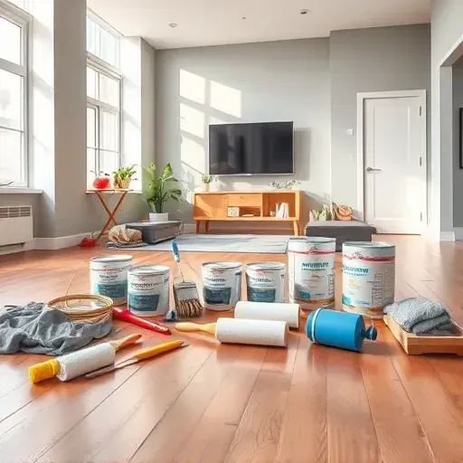 Well-organized painting tools and a freshly painted wall in a bright, professional interior setting.