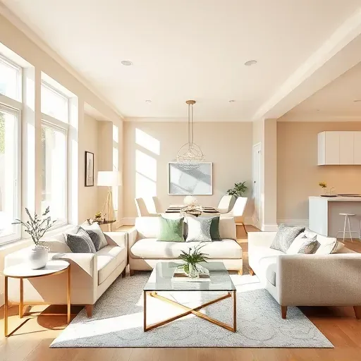 Modern Tuckahoe VA living room with smooth neutral walls, stylish furniture, natural sunlight, open layout, and warm decor