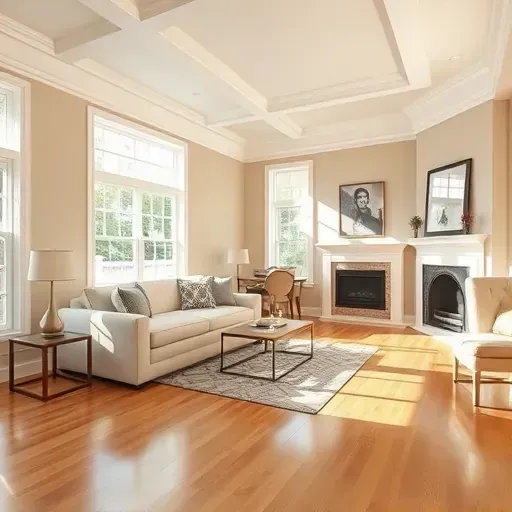 Modern Montpelier, VA living room with freshly painted neutral walls, hardwood floors, crown molding, and elegant decor.
