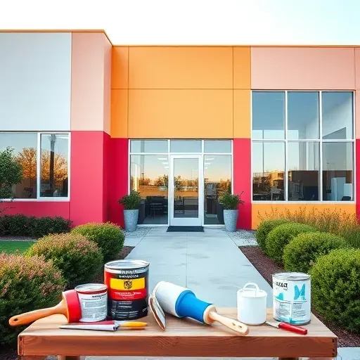 Modern Meadowbrook, VA painting contractor's office with vibrant facade, landscaped surroundings, and professional tools in view.
