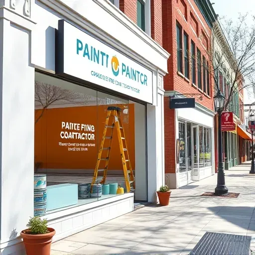 Petersburg VA painting contractor's storefront with vibrant walls, modern signage, landscaped sidewalk, and historic brick buildings.
