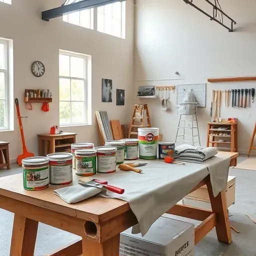 Painting contractor's organized workspace in Colonial Heights, VA with painted walls, paint cans, brushes, and tools.