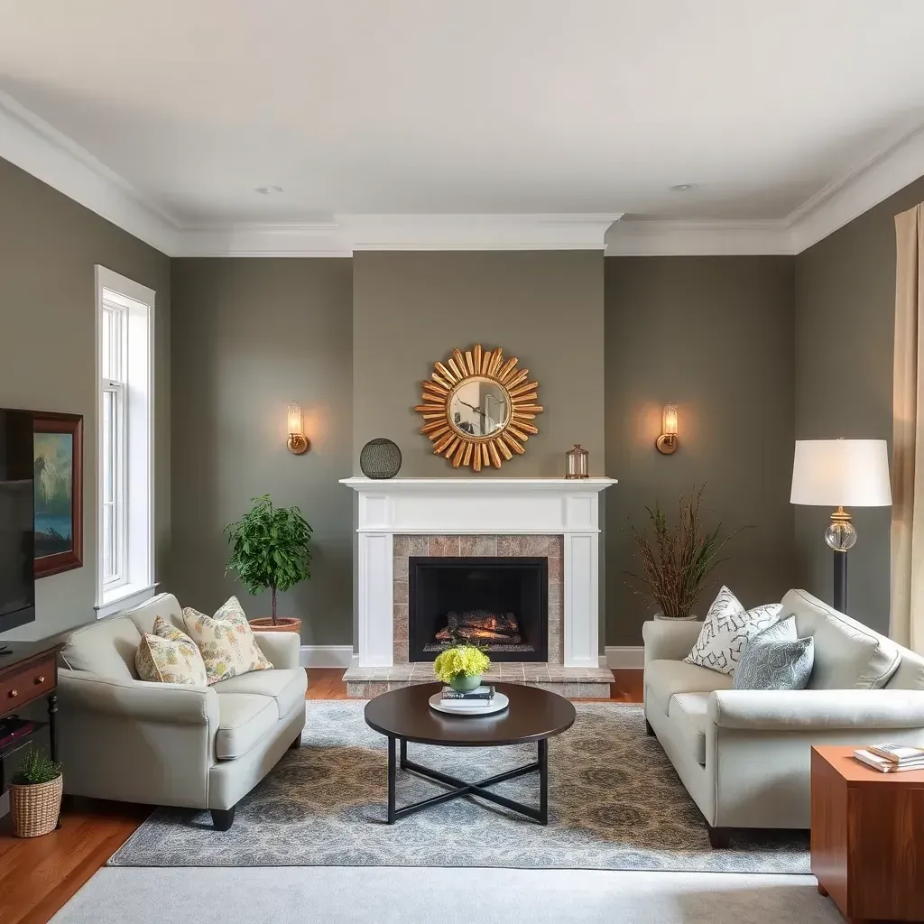 Interior painting scene in Laurel, VA featuring a painter with paintbrush and ladder, bright walls, and interior decor.