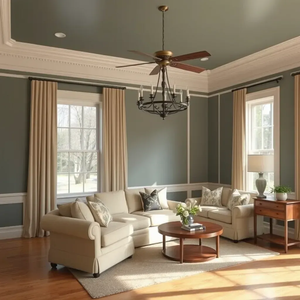 Spacious living room in Manakin Sabot, VA with freshly painted soft gray walls, white trim, hardwood floors, and painting tools.