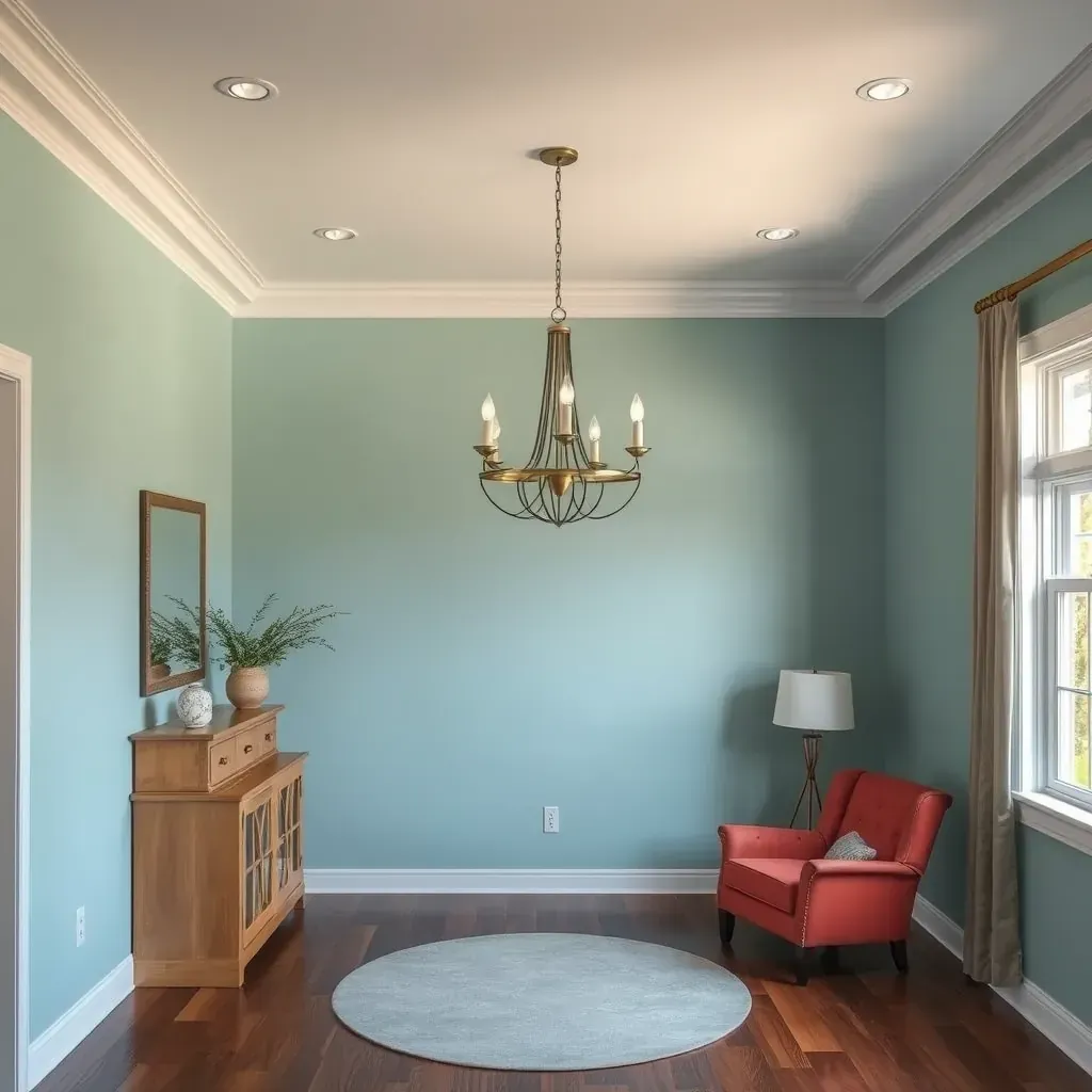 Interior photo of a freshly painted Hanover, VA living room with neutral walls, hardwood floors, large windows, and elegant molding.