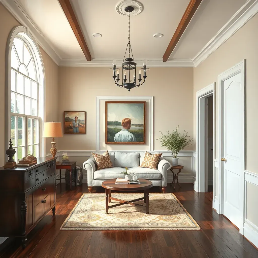 Spacious living room in Moseley, VA with freshly painted neutral walls, polished hardwood floors, and professional painting supplies.