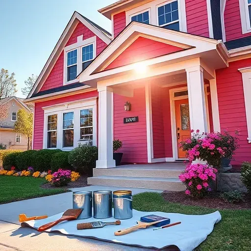 Freshly painted home exterior in Midlothian VA, vibrant colors, sharp lines, and well-manicured yard with blooming flowers.