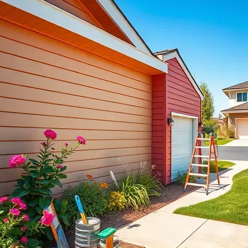 Brightly painted modern home exterior in Bensley, VA with tools, greenery, and neighborhood background.