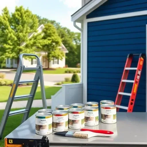 Professional painting contractor’s workspace in Lakeside, VA featuring a freshly painted navy house exterior, tools, and lush neighborhood.
