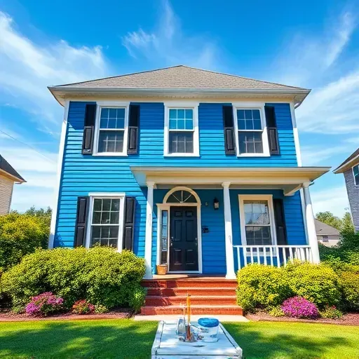 Completed home in Colonial Heights VA shows vibrant blue paint with white trim, flowers, and organized painting tools.
