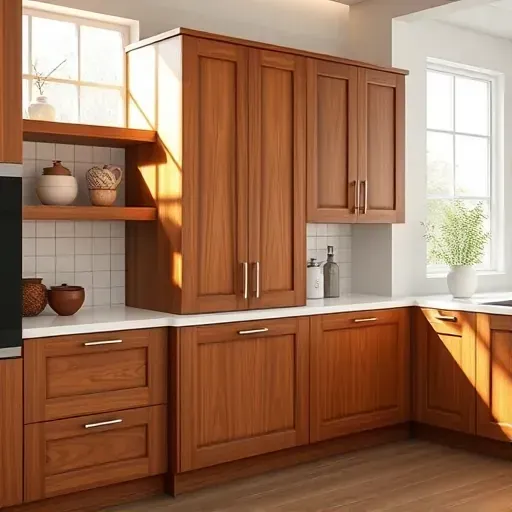 Refinished wooden cabinet with glossy finish, intricate details, warm stain, in a modern well-lit kitchen with sleek design.