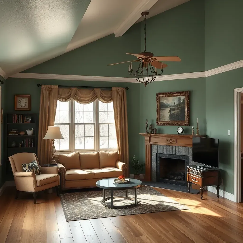 Interior living room in Quinton, VA with freshly painted walls, painter's ladder, tape, paint cans, and modern decor.