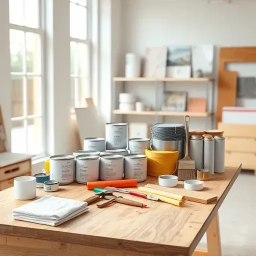 Organized painting supplies station with paint cans, brushes, rollers, tape, and drop cloths on a work table in a bright, professional workshop.