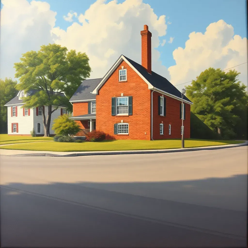 Serene New Kent, VA landscape painting featuring lush forests, rolling fields, colonial architecture, a rustic barn, and winding dirt road.