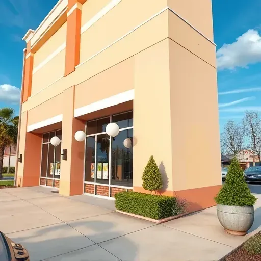 Richmond VA commercial building exterior freshly painted with vibrant colors, crisp lines, landscaping, and natural lighting