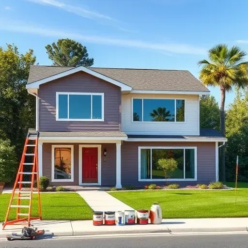 Brightly painted residential exterior with tools and ladders in a clean, organized Atlee, VA suburban neighborhood.