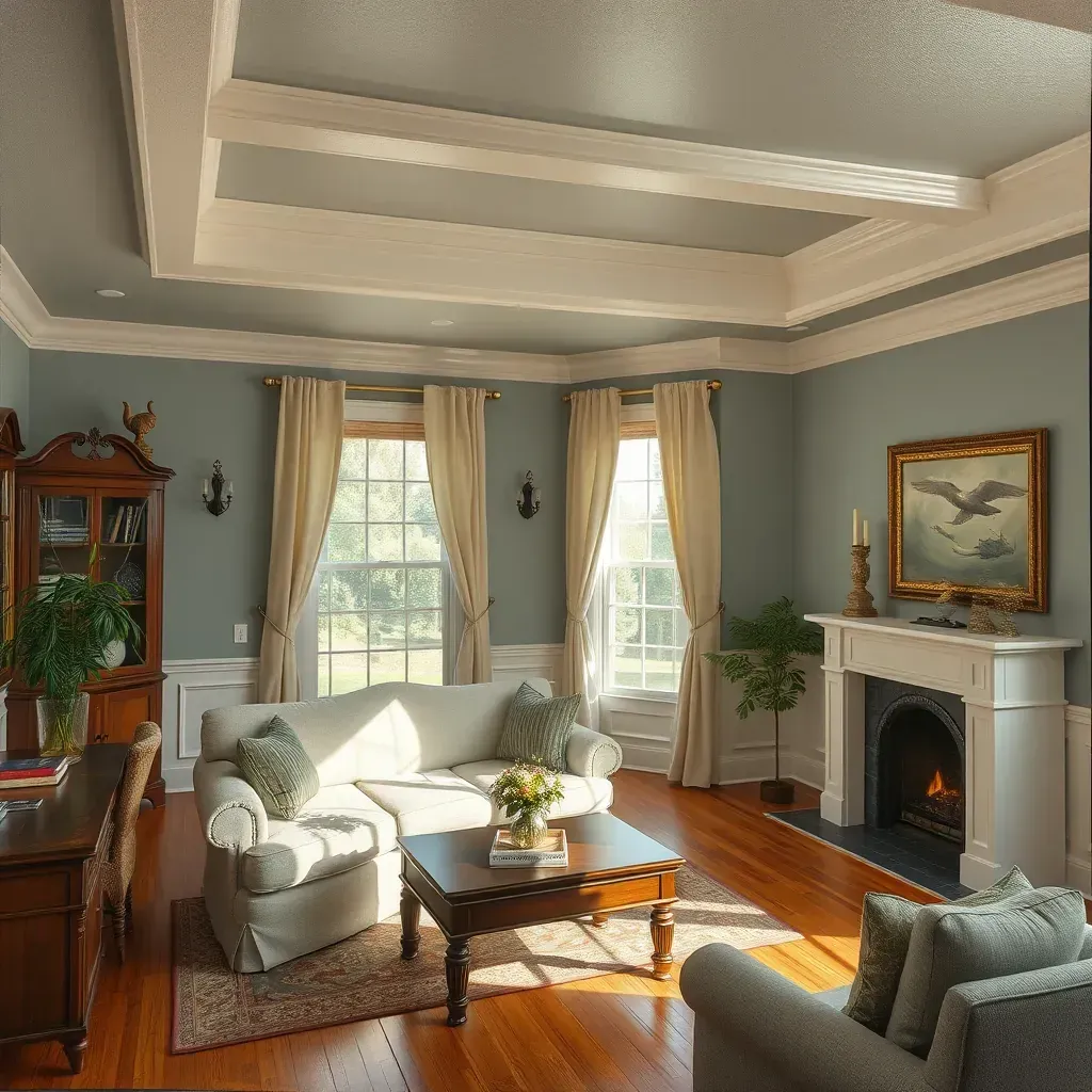 Interior living room in Bensley, VA with warm beige walls, polished hardwood floors, and organized painting tools.