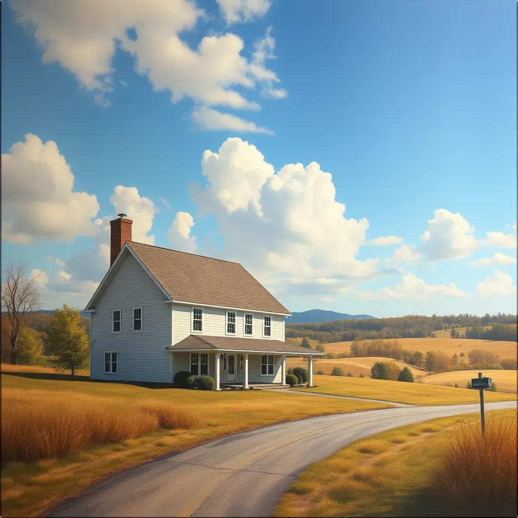 Painting of Wyndham, VA featuring Victorian homes, tree-lined street, creek reflections, lush flowers, and sunny blue sky.