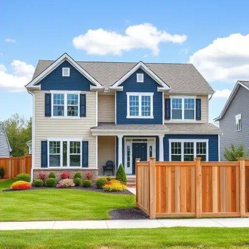 Completed house painting project in Tuckahoe VA, featuring soft beige and navy blue exterior with white trim, vibrant lawn and flowers.