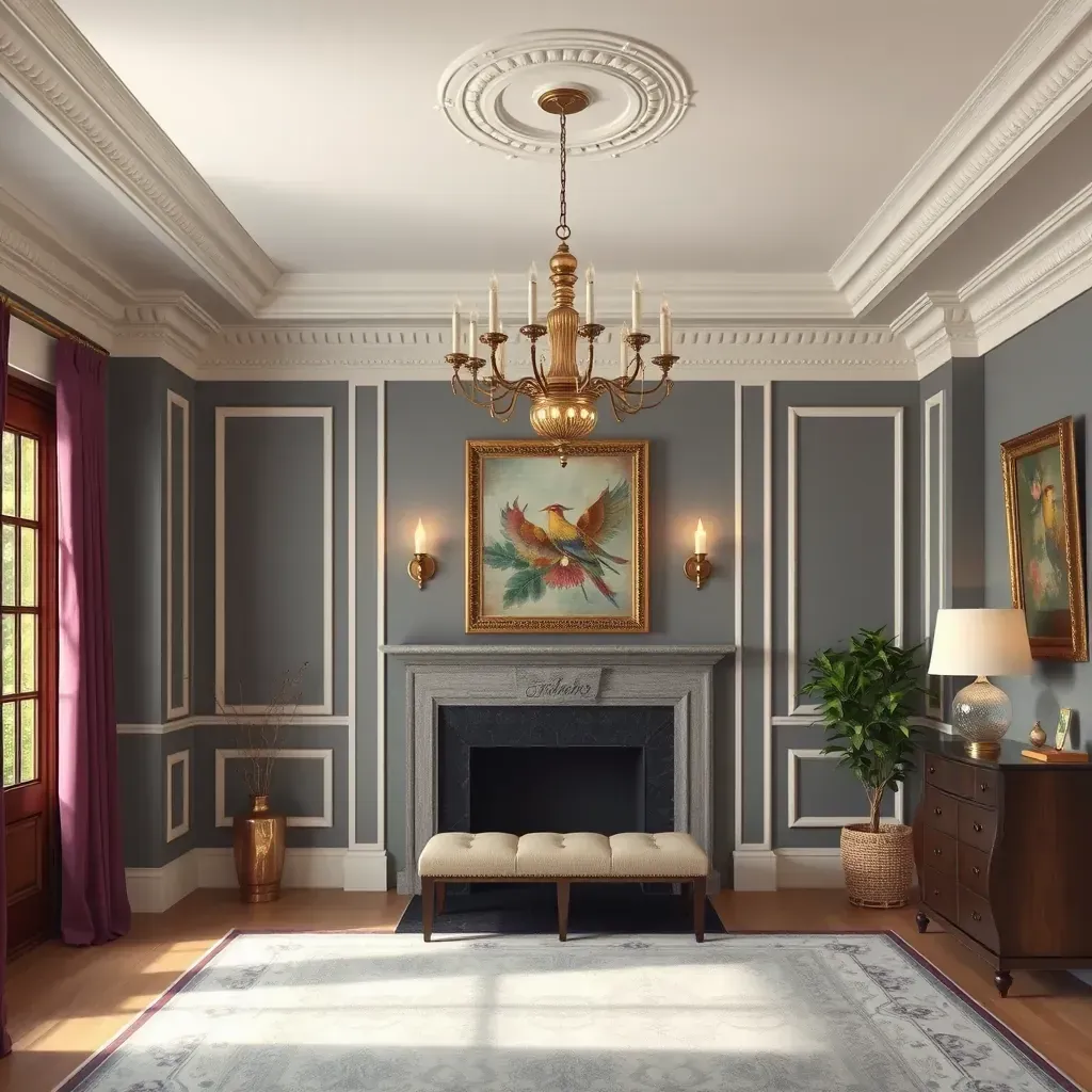 Interior of a Henrico, VA living room with freshly painted neutral walls, white trim, elegant crown molding, and modern decor.