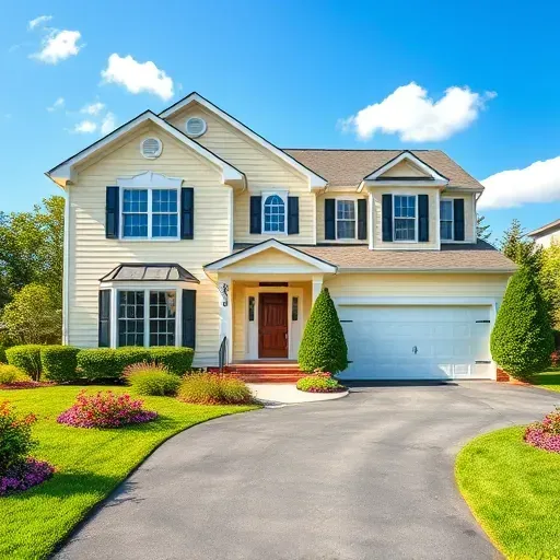 Beautifully painted cream house exterior in Hopewell VA with white trim, lush landscaping and clear blue sky.