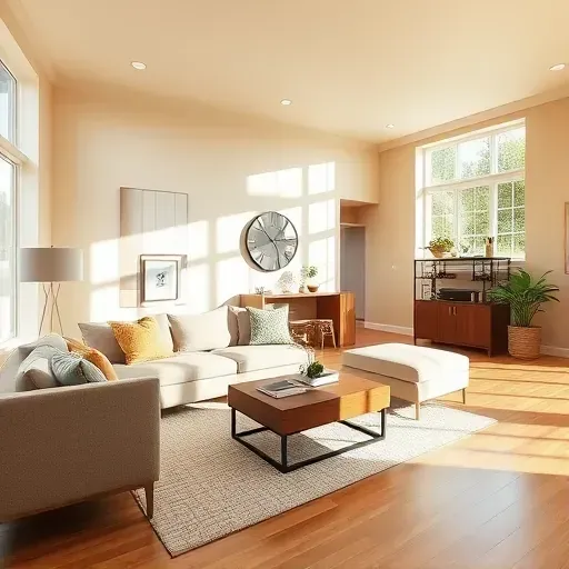 Recently painted modern living room in Moseley VA with warm oatmeal walls, polished hardwood floors, stylish furniture, and natural light