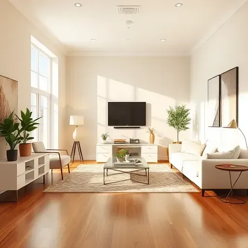 Freshly painted modern living room in Short Pump VA with neutral walls, hardwood floors, stylish furniture, and natural light