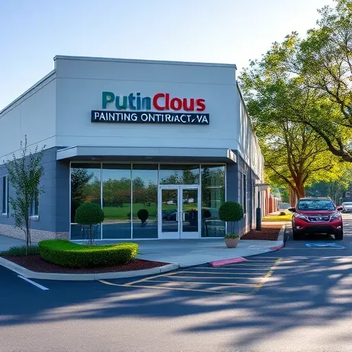 Exterior of a reputable painting contractor’s business in Short Pump, VA with a modern building, vibrant storefront, and landscaped surroundings.