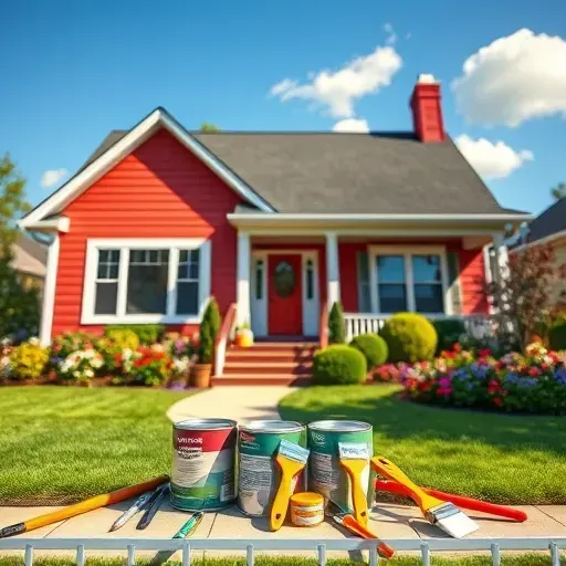 Freshly painted suburban home in Bellwood VA with vibrant colors, landscaping, and quality paint tools on display.