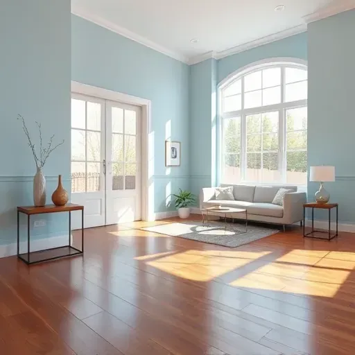 Freshly painted pale blue interior room with hardwood floors, natural light, modern decor, and pristine walls in Midlothian VA