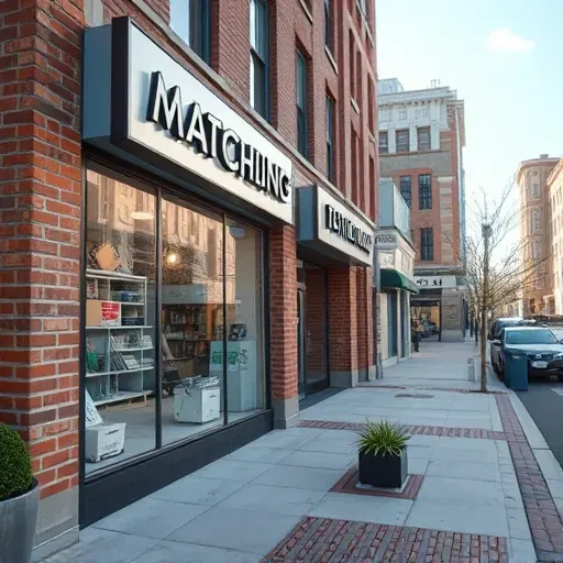 Richmond VA texture matching business storefront with modern signage, brick building, clear windows, potted plants, and cityscape background