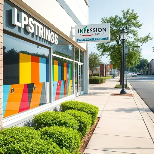 Colonial Heights VA painting contractor's storefront with colorful samples, modern facade, landscaping, and inviting professional vibe.