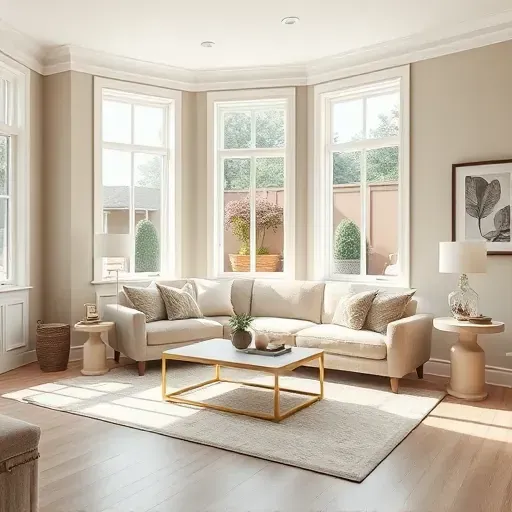 Beautiful modern living room in Quinton, VA with freshly painted, neutral matte walls, elegant crown molding, and stylish decor.