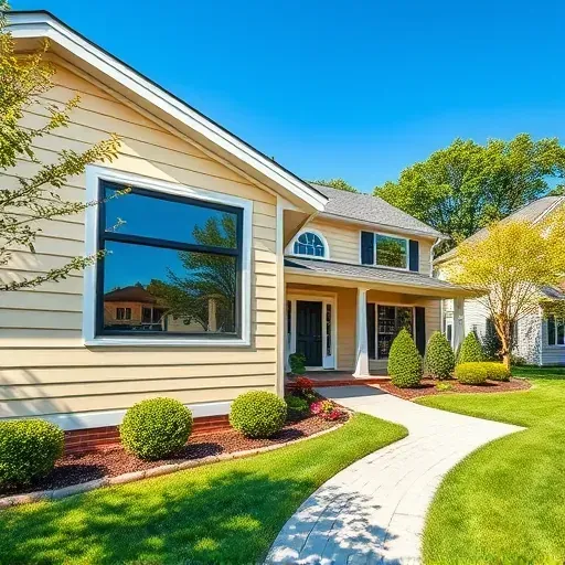 Freshly painted vibrant siding on a modern home in Richmond VA with detailed textures, lush neighborhood, and sunny sky