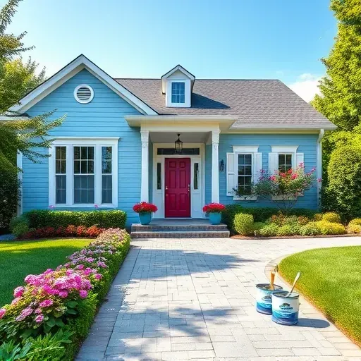 Completed painting project in Wyndham VA featuring a light blue home, white trim, lush greenery, and no humans present.