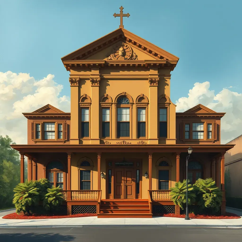 Detailed painting of Richmond, VA skyline and historic architecture with lush riverside greenery and sunset sky.